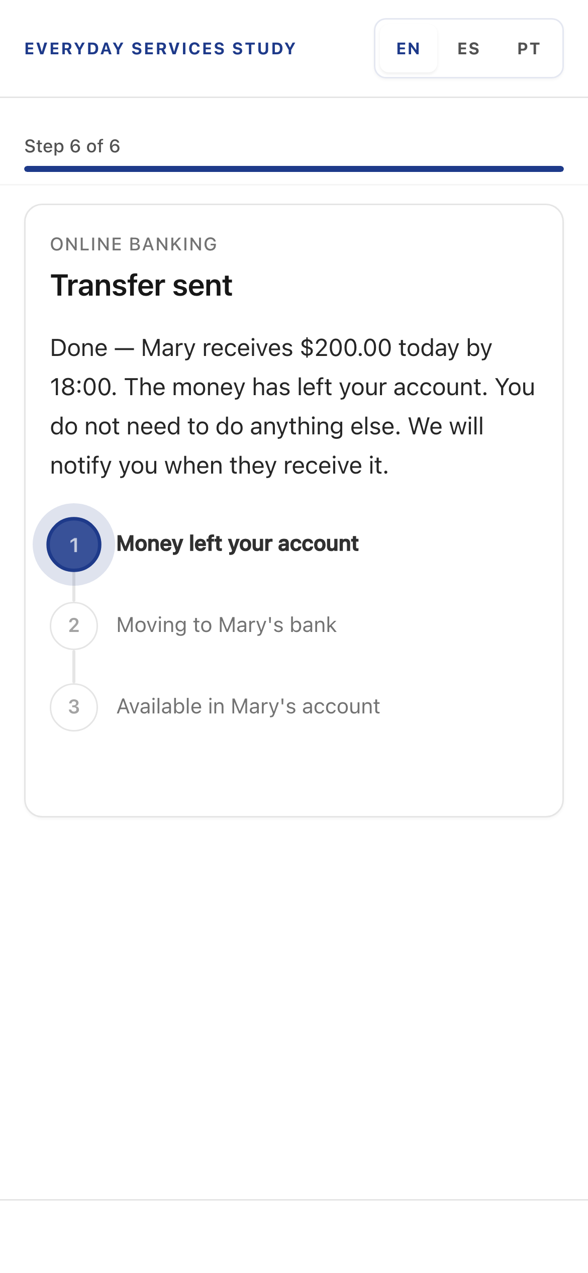 Production banking result screen in English with vertical status timeline