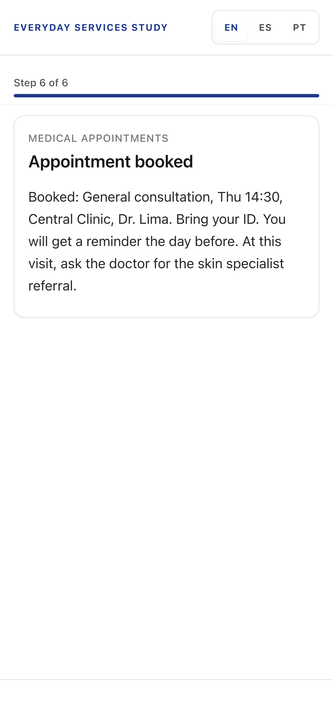 Medical appointment booked result screen with plain language next steps
