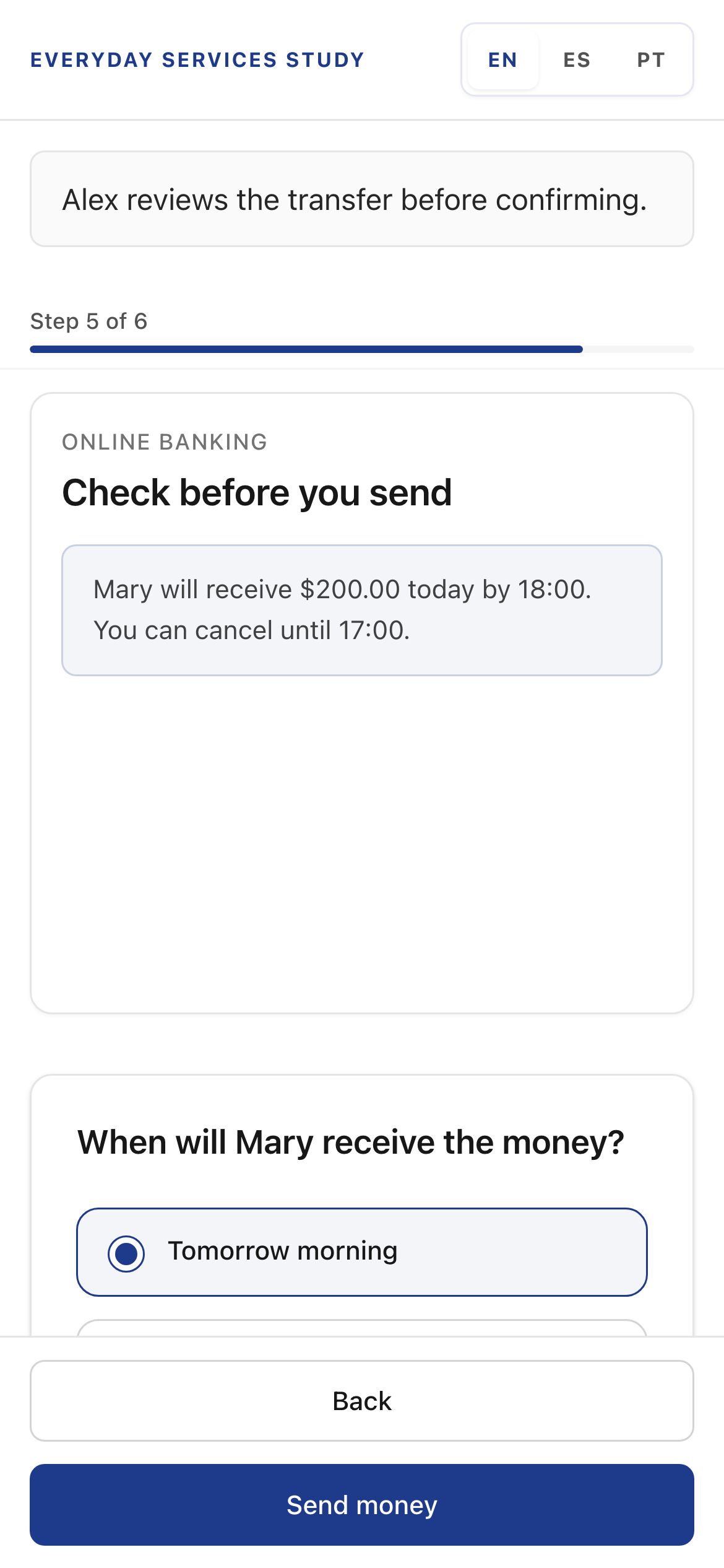 Mobile banking flow with prediction question overlaying the review screen