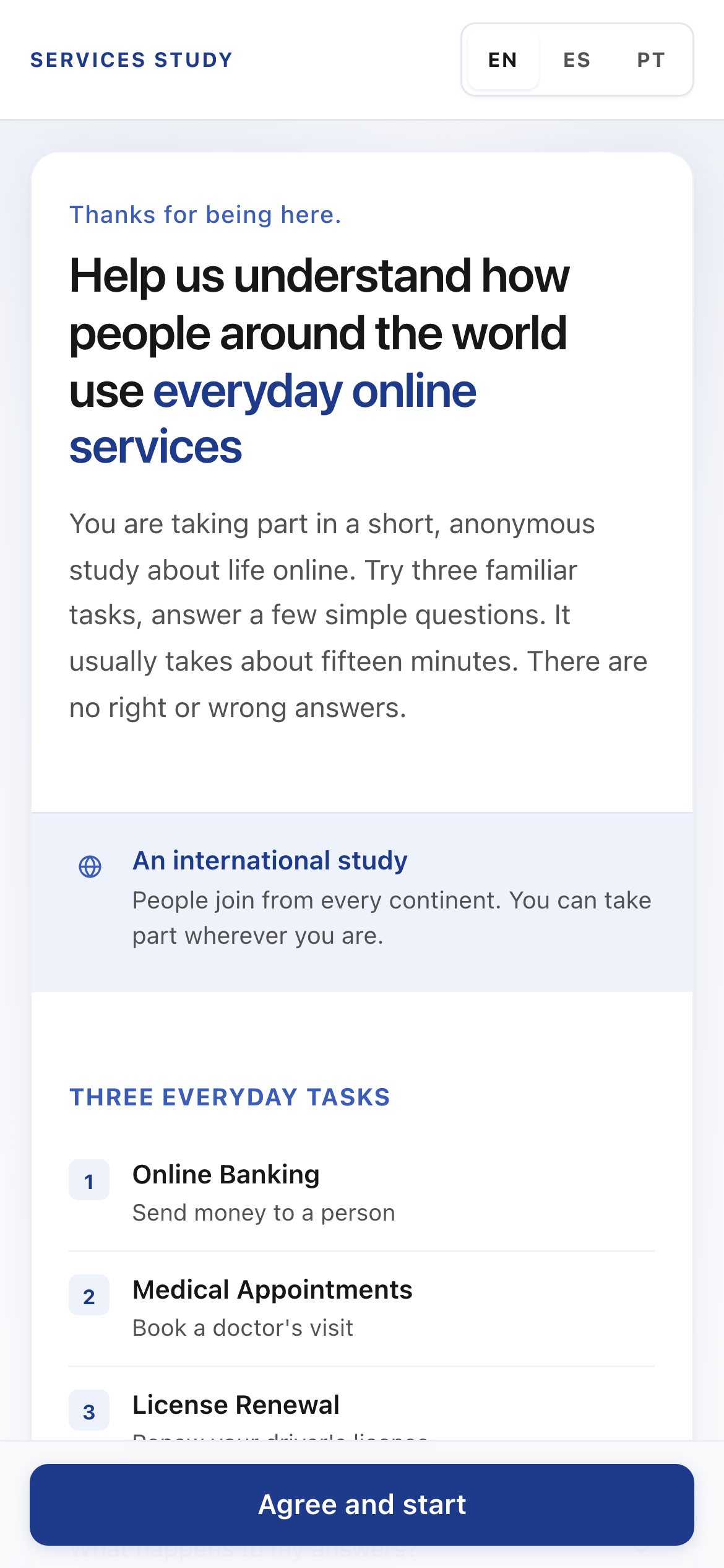 Mobile welcome screen in English with three-line headline, trust strip, and sticky agree button